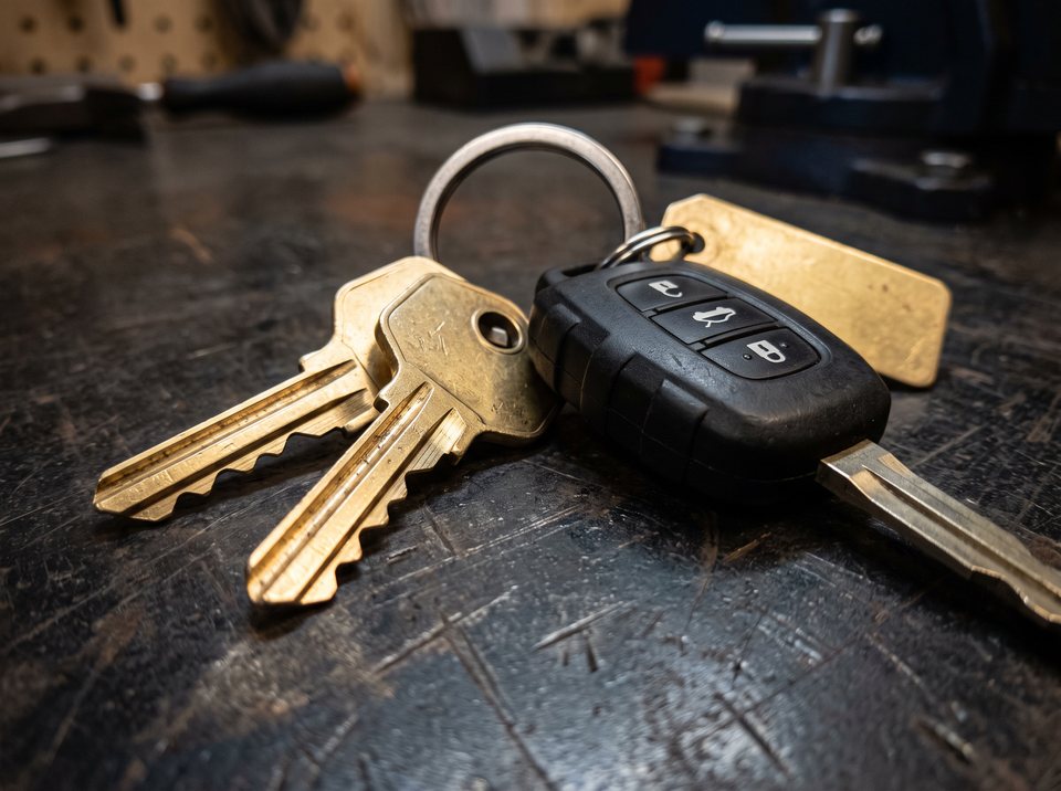 A key ring holding two freshly cut brass house keys and a car key fob, on a dark steel workbench.